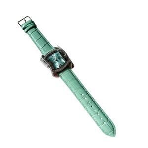 New Burgi Quartz Womens Watch Green Leather‎ Strap Alligator Print 30mm Bling